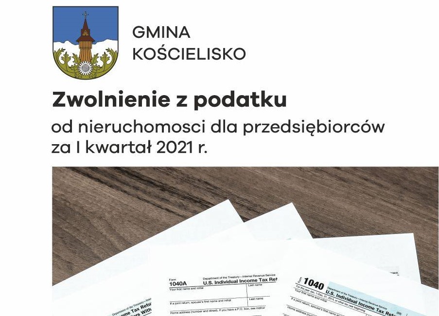 Herb i napis Gmina Kościelisko pod spodem zwolnienie z podatków od nieruchomości dla przedsiębiorców za I kwartał 2021 r.