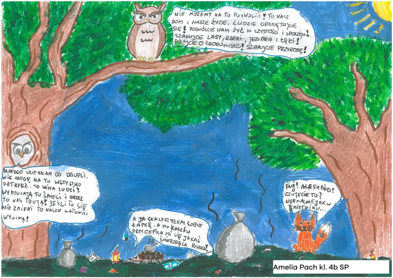 Zdjęcie przedstawia  obrazek namalowany pisakami i kredkami na którym zwierzeta w lesie rozmawiają o zanieczyszczeniu środowiska