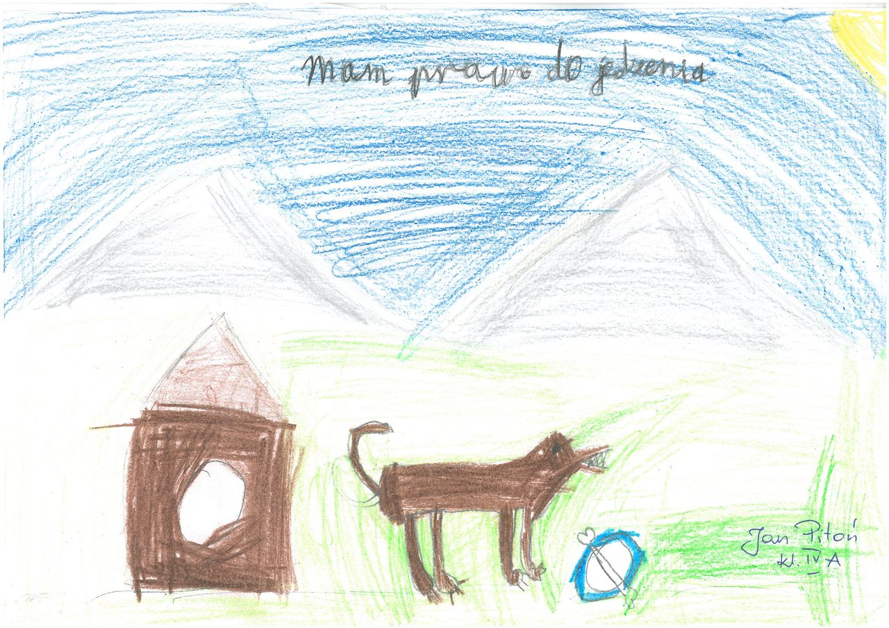 Obrazek narysowany kredkami przedstawia psa przed budą na tle górskiego krajobrazu. Przed psem miska z kością a na górze napis "mam prawo do jedzenia"