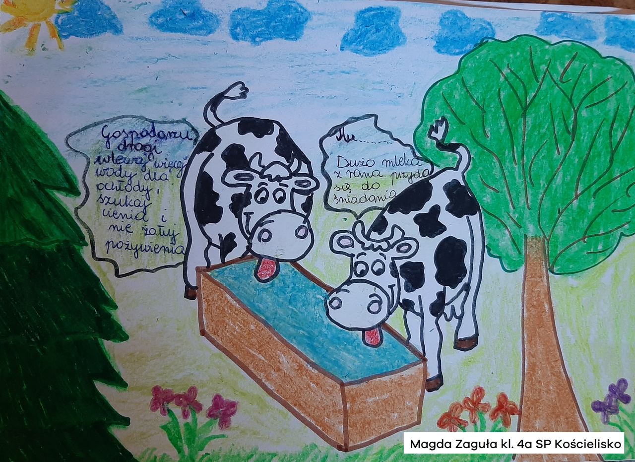 Obrazek narysowany pisakami i kredkami przedstawia dwie krowy rozmawiające przy poidle