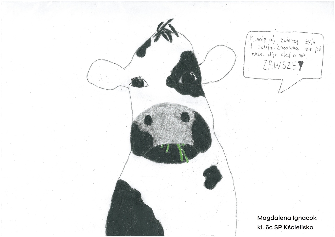Grafika przedstawia obrazek narysowany kredkami, na którym krowa przypomina, że zwierze nie jest zabawką