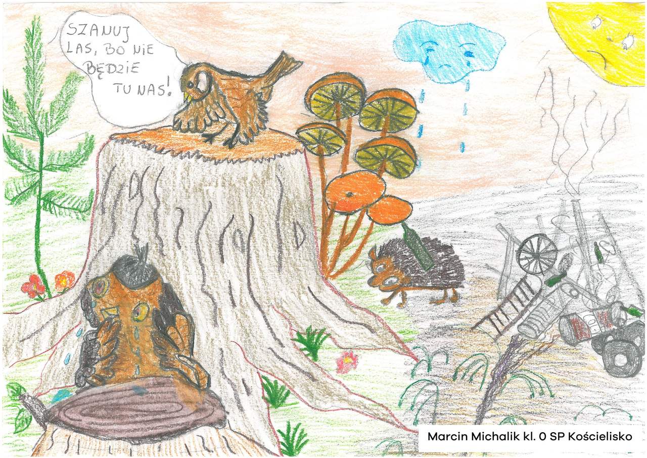 Obrazek namalowany kredkami przedstawia zwierzeta w lesie otoczone przez wyciete drzewa i śmieci