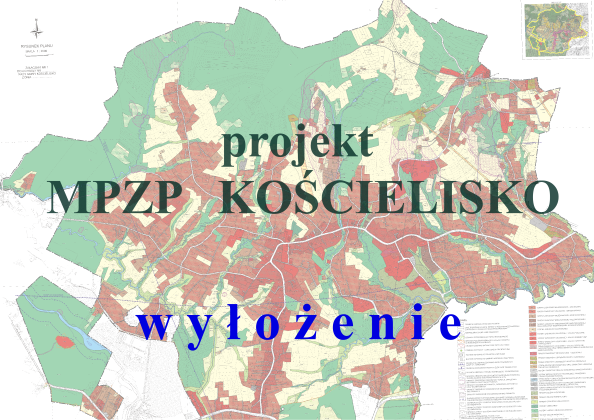 Grafika przedstawia mapę wsi Kościelisko a na niej napis projekt MPZP Kościelisko wyłożenie
